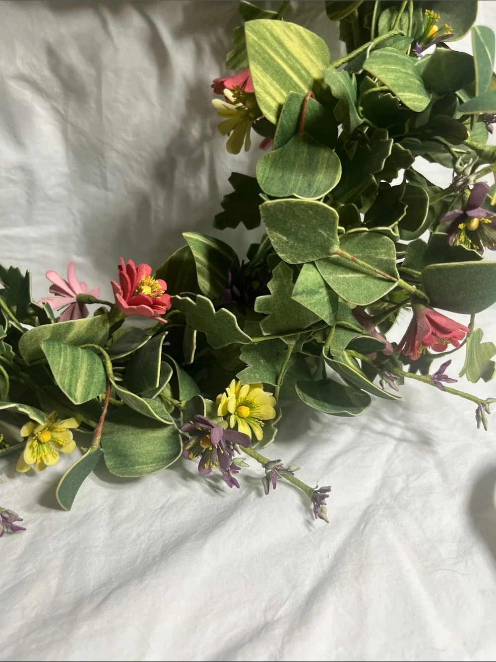 Spring Floral Green Wreath with Pink, Yellow and Purple Flowers